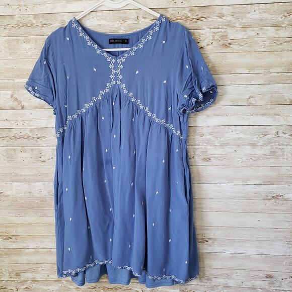 Mikarose Blue Embroidered Modest Empire Waist Dress M - Picture 1 of 6
